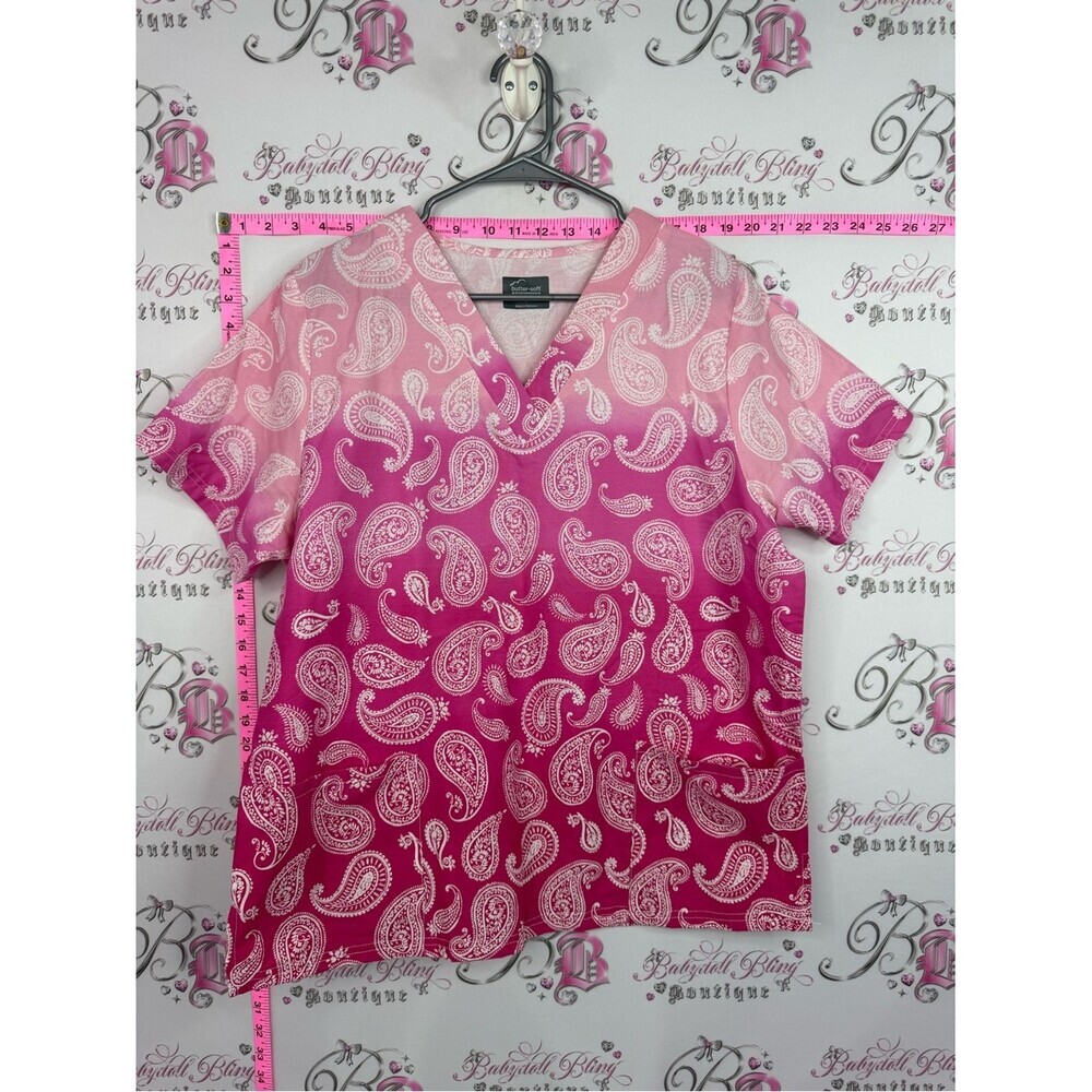 Butter soft scrubs tshirt Women’s Pink Ombre Paisley V-Neck Short Sleeve Top